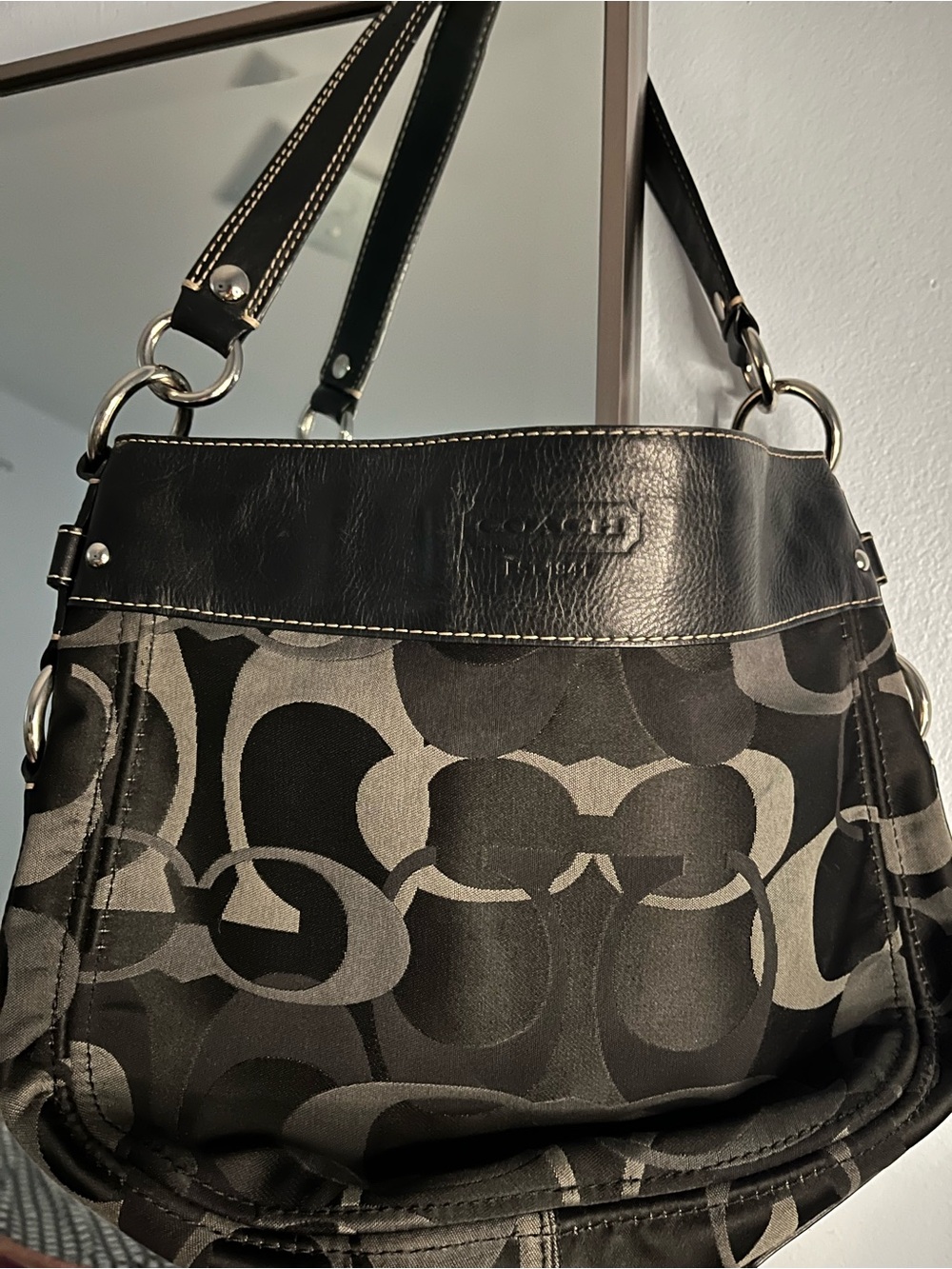 Coach Black and Gray Signature Canvas Shoulder Bag